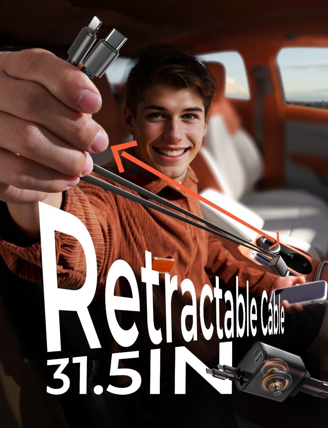 Cargador de Coche Retráctil 69W | Doble USB-C y USB-A | Carga Rápida para Móvil | Sin Enredos