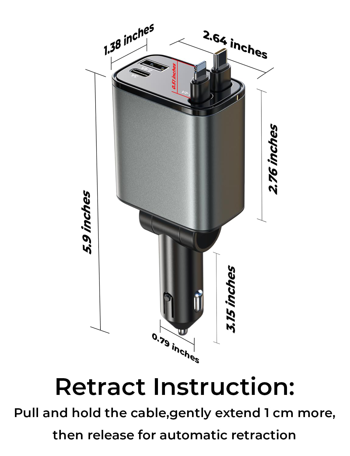 Cargador de Coche Retráctil 69W | Doble USB-C y USB-A | Carga Rápida para Móvil | Sin Enredos