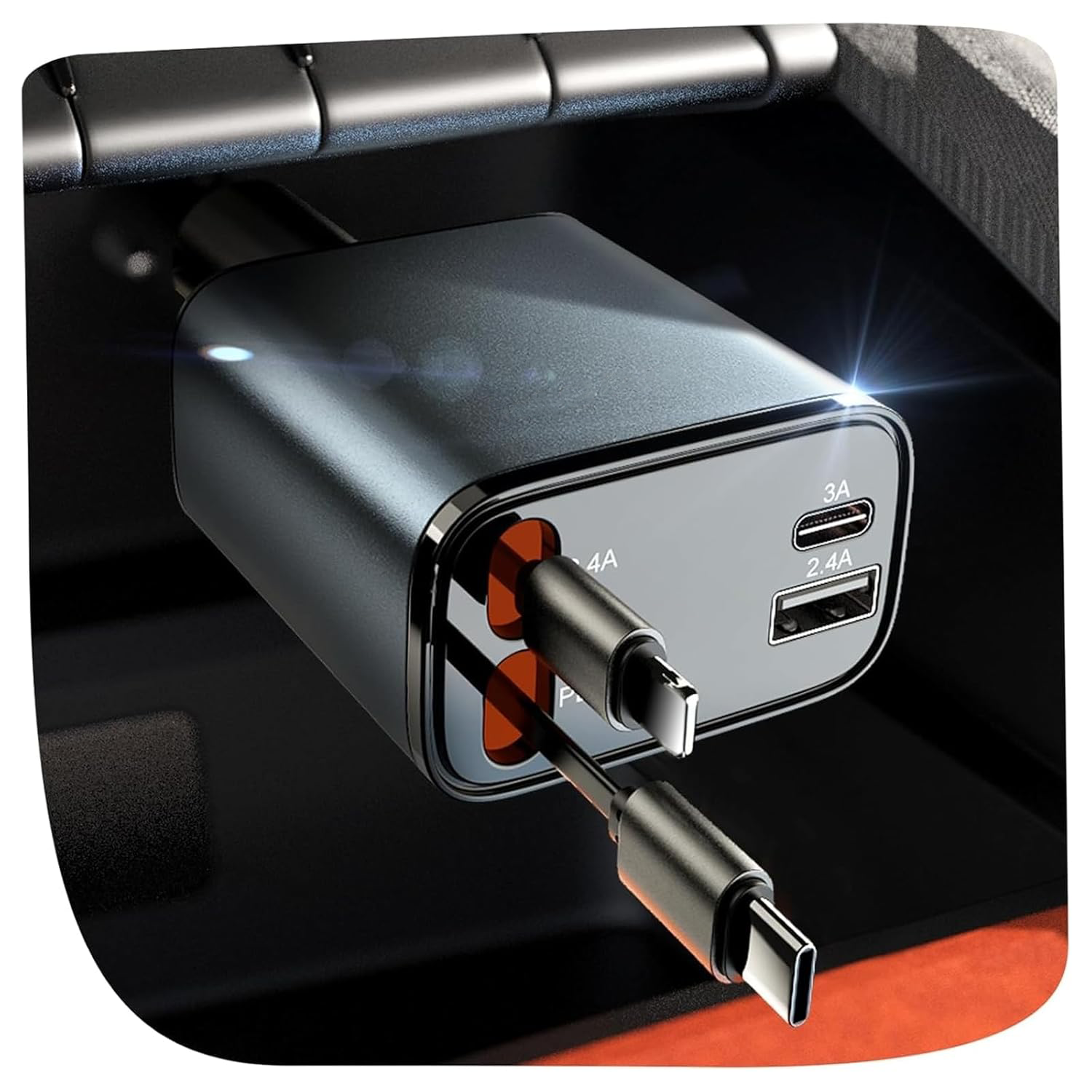 Cargador de Coche Retráctil 69W | Doble USB-C y USB-A | Carga Rápida para Móvil | Sin Enredos
