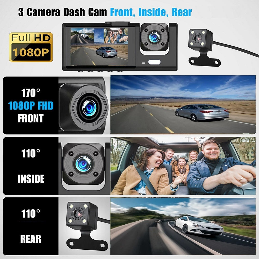Cámara de Tablero 3 Canales 1080P HD | Cámara Coche Frontal Trasera Interior | Sensor G | Monitor de Estacionamiento | Grabación en Bucle